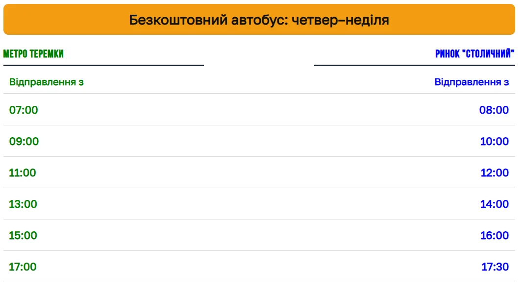 Столичний ринок Київ — гуртово-роздрібний центр свіжих продуктів 2 Безкоштовний маршрут “Метро Теремки – Ринок Столичний” зупиняється на всіх облаштованих зупинках громадського транспорту дорогою на ринок та назад.