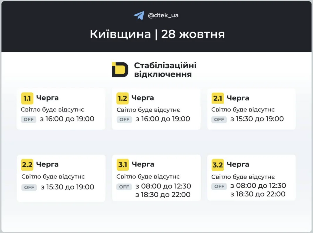 Графіки відключень електрики у Києві на 28 жовтня 3 Графіки відключень у Київській області