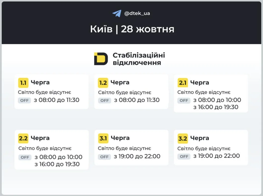 Графіки відключень електрики у Києві на 28 жовтня 1 Графіки відключень у Києві